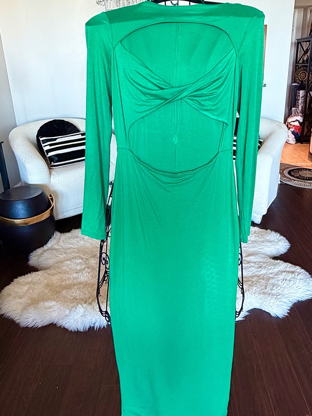 Green Long-Sleeve Cutout casual Dress